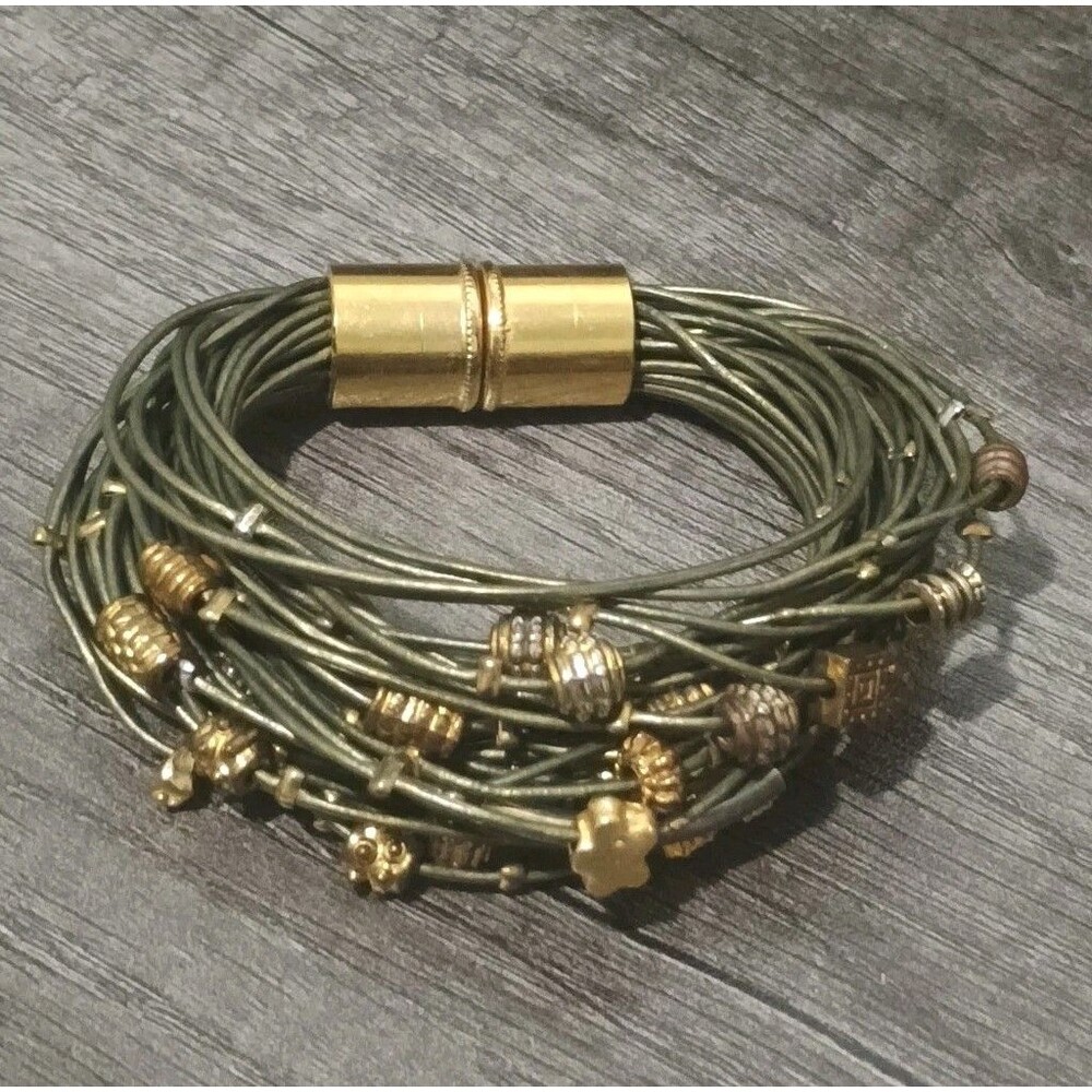 Calinana Green 36 Strand Gold Tone Charm Boutique Handmade In USA Bracelet